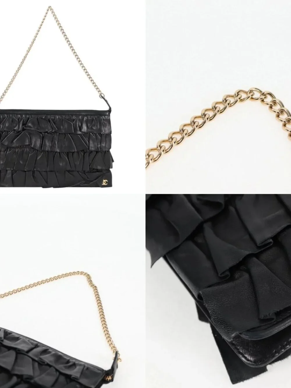 CHANEL Chain Gathered Hand Bag Lamb Skin Black Gold CC Auth yk18016M